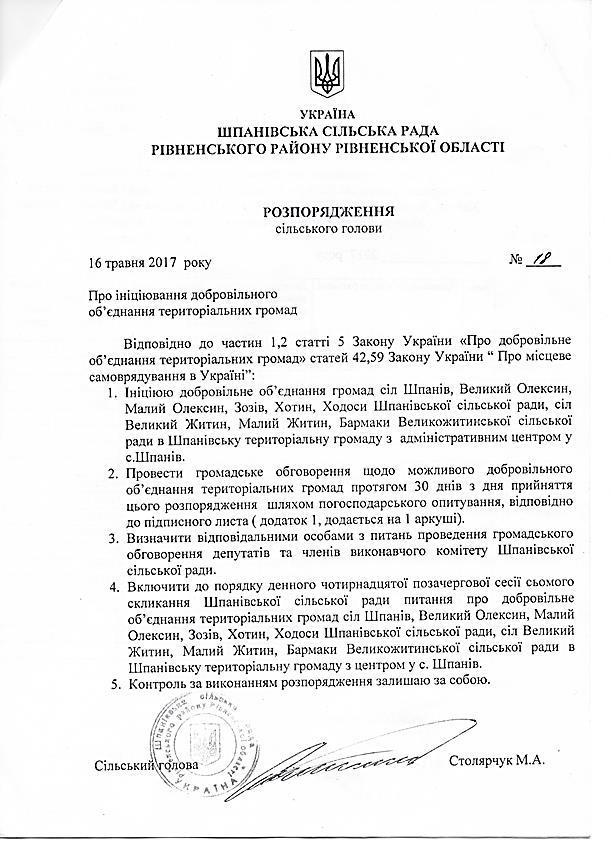Розпорядження сільського голови Столярчука М.А. від 16.05.2017