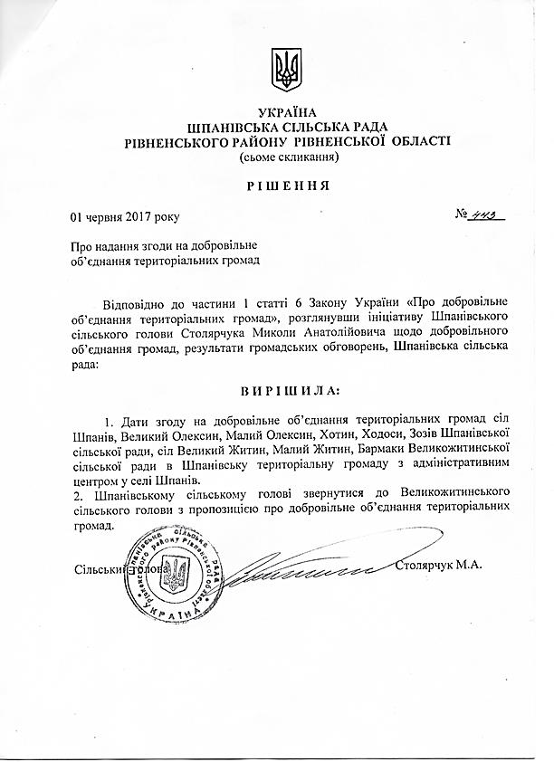 Рішення сільського голови Столярчука М.А. від 01.06.2017